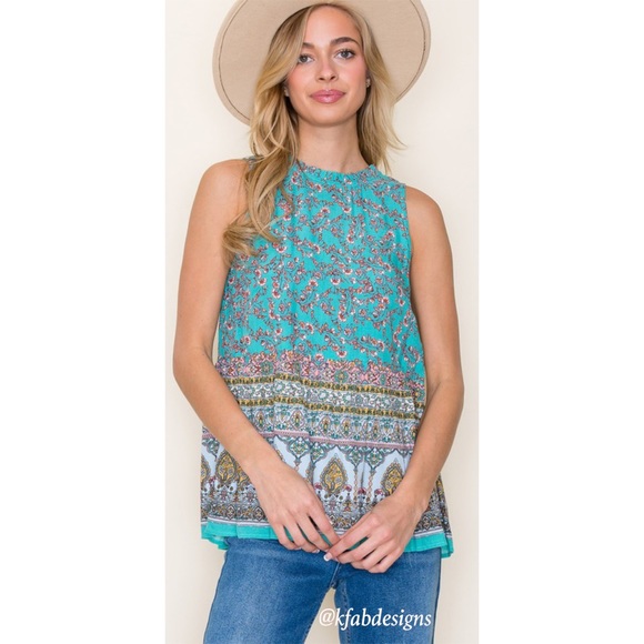 LAST 2! Boho Ruffle Mock Neck Ocean Colors Top! - Picture 3 of 7